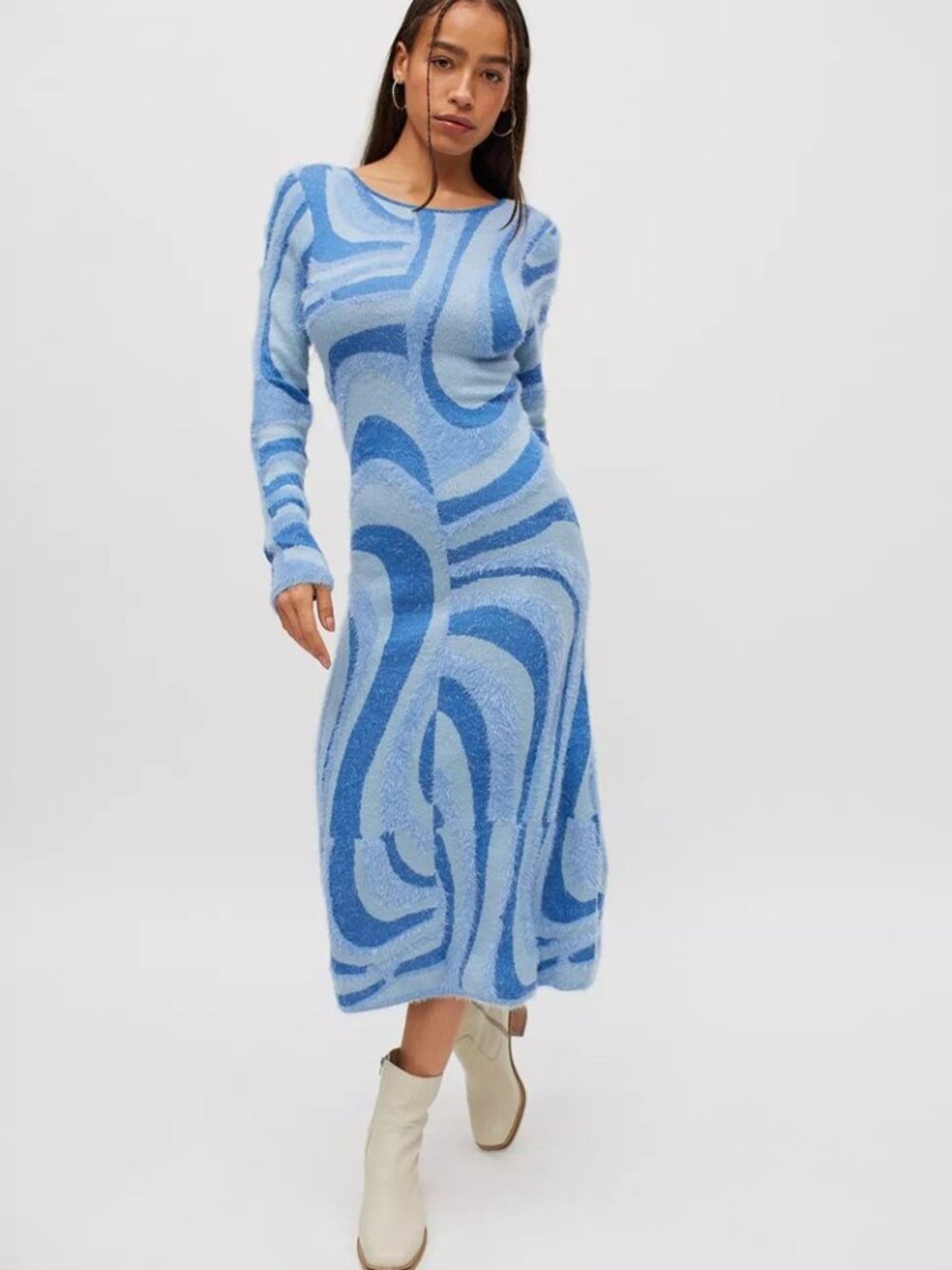 House of Sunny Blue Moon Sea Blue Swirl Knit Back Cutout Midi Dress US 4 NWT